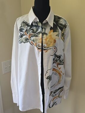 Chico's White Blouse with Green and Gold Floral Scroll